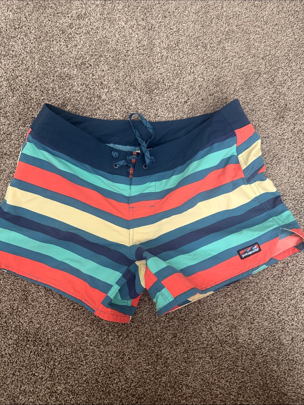 Patagonia Navy, Red, Teal and Yellow Striped Swim Shorts